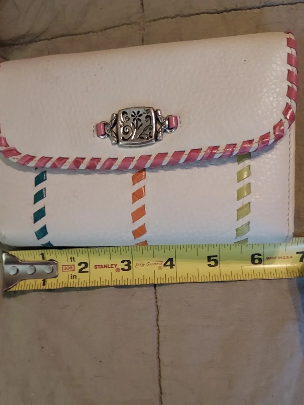 Brighton Wallet Tri Fold White With Pink, Blue, Orange & Green Lacing